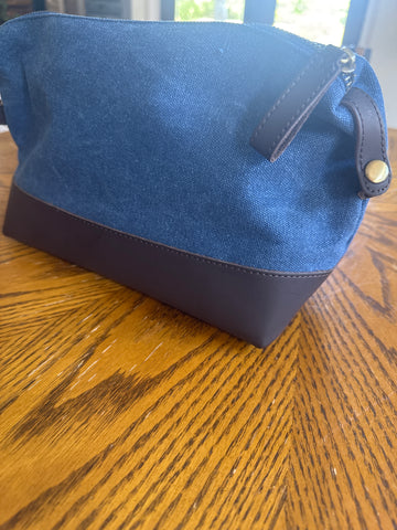 Canvas Blue Brown Detail Zippered Shave Kit