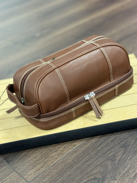 Toiletry Bag Brown Leather Zippered Compartments