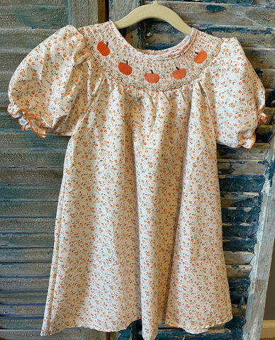 Orange Floral Pumpkin Girls Smock Dress