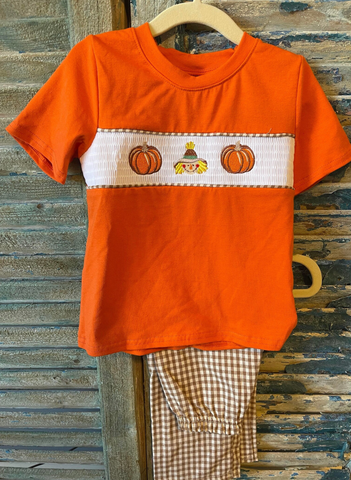 Boys Smocked Fall Orange and Brown Outfit