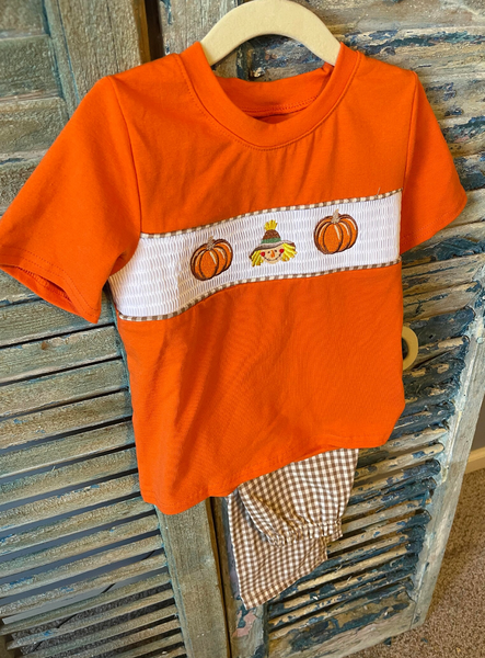 Boys Smocked Fall Orange and Brown Outfit