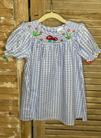 Girls Blue and White Nature Smocked Bishop Dress