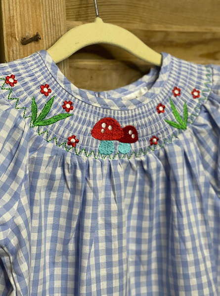 Girls Blue and White Nature Smocked Bishop Dress