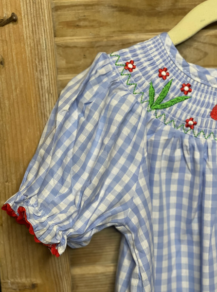 Girls Blue and White Nature Smocked Bishop Dress