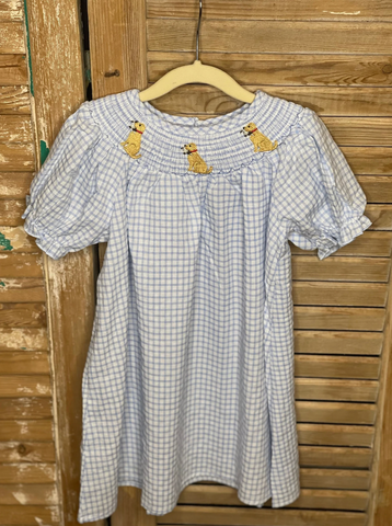 Girls Blue & White Smocked Dog with Dove/Quail Bishop Dress