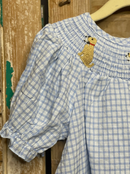 Girls Blue & White Smocked Dog with Dove/Quail Bishop Dress
