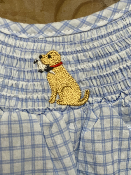 Girls Blue & White Smocked Dog with Dove/Quail Bishop Dress