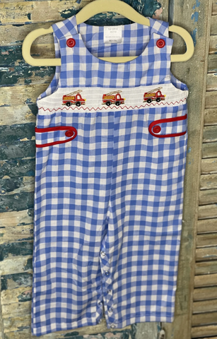 Boy's Smocked Firetruck Blue and White Checkered Overalls