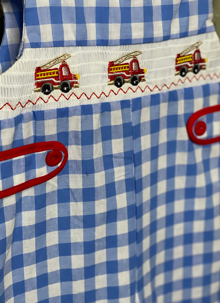 Boy's Smocked Firetruck Blue and White Checkered Overalls