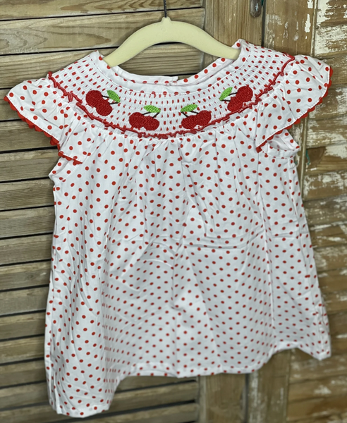 Girls Red & White Polka Dot Cherry Smock Dress