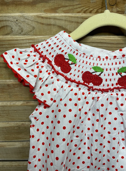 Girls Red & White Polka Dot Cherry Smock Dress