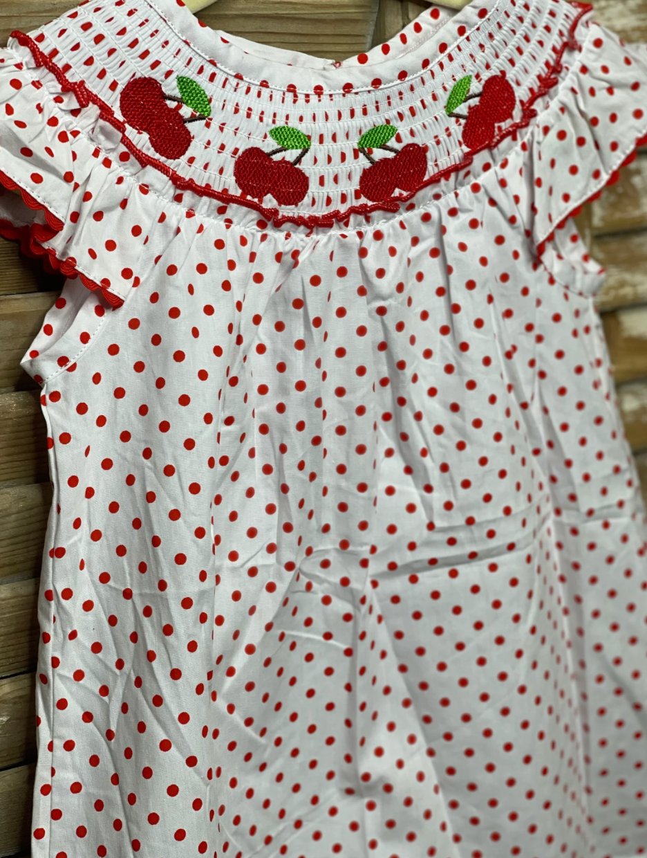 Girls Red & White Polka Dot Cherry Smock Dress
