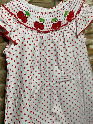 Girls Red & White Polka Dot Cherry Smock Dress