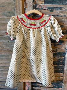 Girls Green Polkadot Smocked Christmas Dress