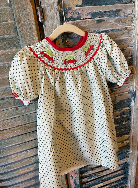 Girls Green Polkadot Smocked Christmas Dress