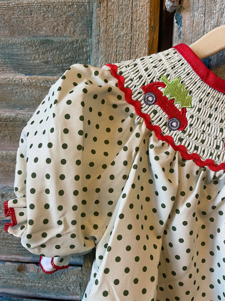 Girls Green Polkadot Smocked Christmas Dress