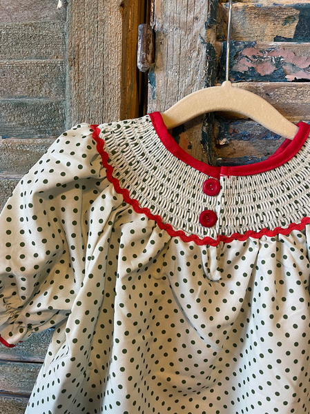 Girls Green Polkadot Smocked Christmas Dress
