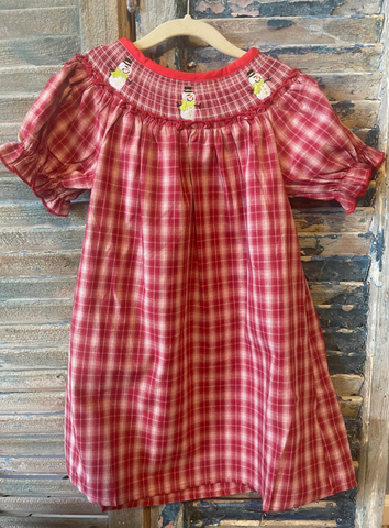 Girls Red Plaid Smocked Snowman Dress