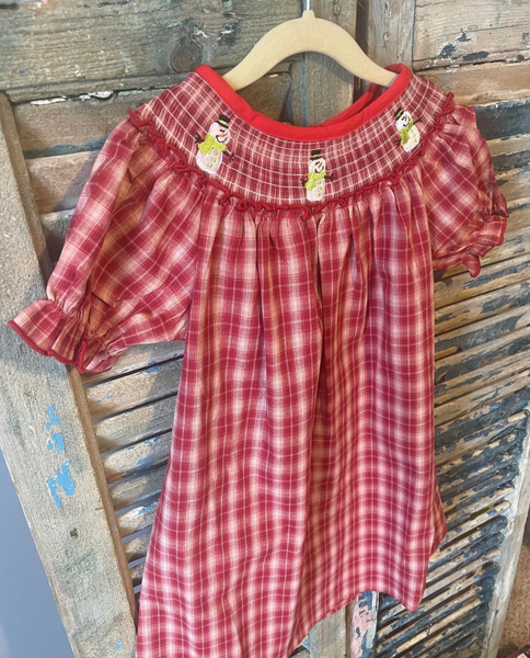 Girls Red Plaid Smocked Snowman Dress