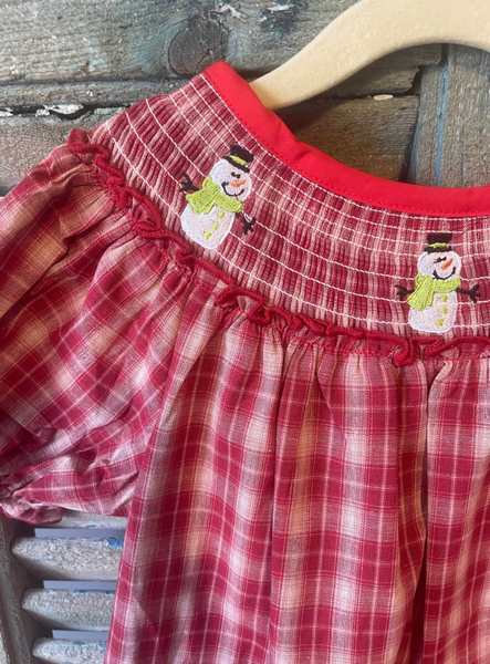 Girls Red Plaid Smocked Snowman Dress