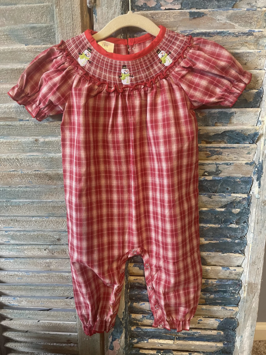 Girls Red Plaid Smocked Snowman Long Bubble