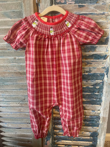 Girls Red Plaid Smocked Snowman Long Bubble