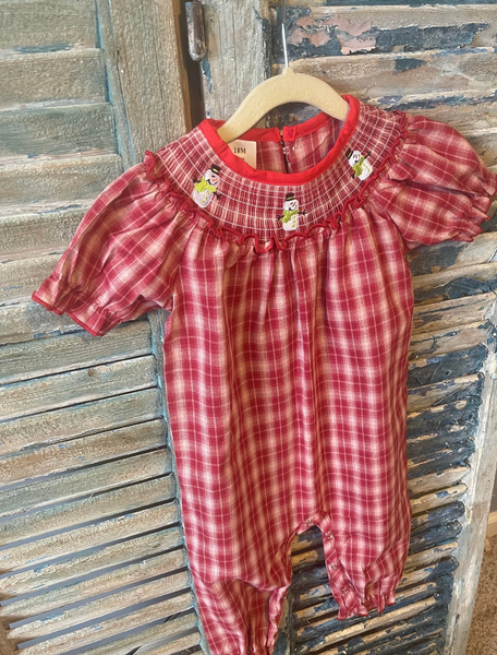 Girls Red Plaid Smocked Snowman Long Bubble