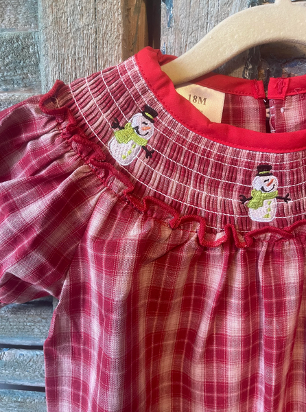 Girls Red Plaid Smocked Snowman Long Bubble