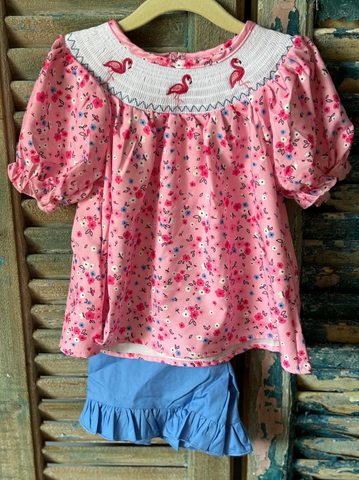 Girls Smocked Flamingo Shorts/Top Set