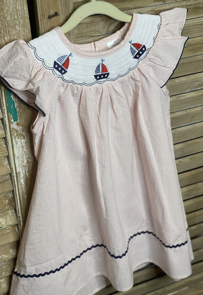 Girls Sailboat Smocked Dress