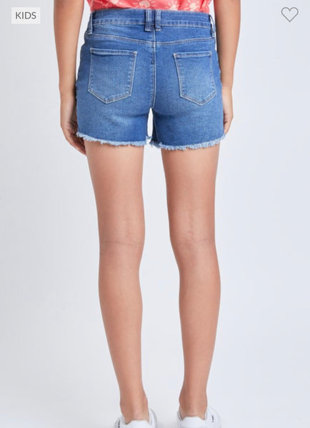 Girls Color Block Fray Hem Denim Shorts