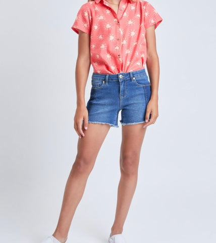 Girls Color Block Fray Hem Denim Shorts